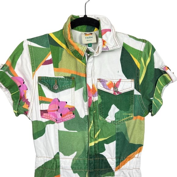 Farm Rio white Tropicalistic denim Jumpsuit size XS - Picture 3 of 9